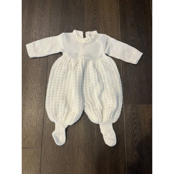 Layette Vtg White Unisex Romper Romantic Baby Sheer Collar Buttons Back/Bottom - Picture 5 of 6